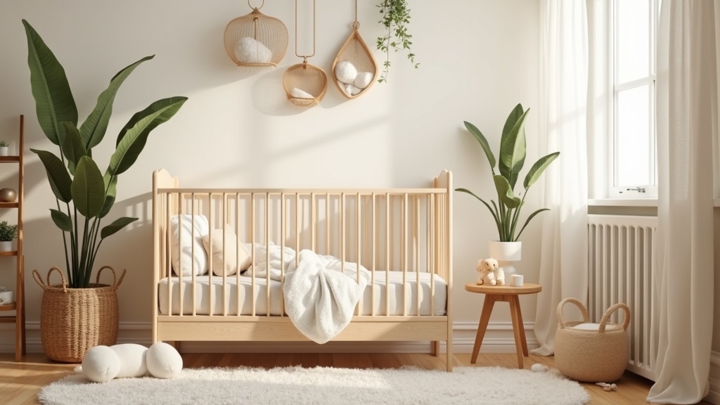 A cozy home with soft lighting featuring a baby crib, plush toys, and calming neutral tones. Natural elements like houseplants and wooden decor give a peaceful, nurturing vibe.