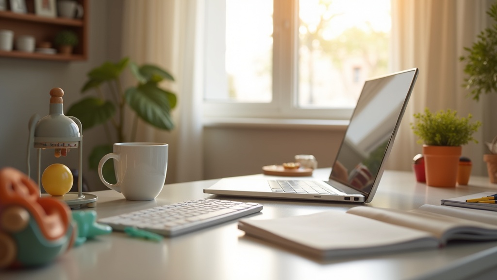 A cozy home workspace with colorful baby toys on the desk and a softly glowing lamp. Computer, coffee mug, and gentle natural light suggest a peaceful but busy morning.