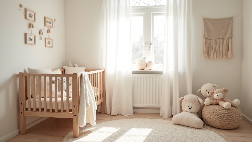 A cozy, neutral nursery with natural light, a crib, soft blankets, and assorted plush toys. No people or text.