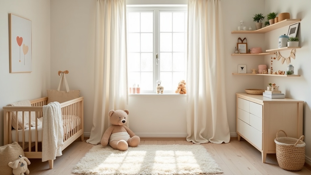 A cozy nursery with soft, natural light, gentle colors, and various baby essentials neatly arranged.
