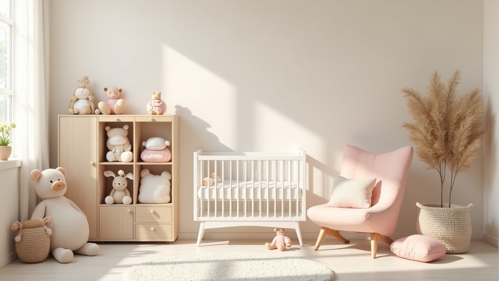 A neatly organized nursery with soft toys, pastel colored baby items, and a cozy ambiance