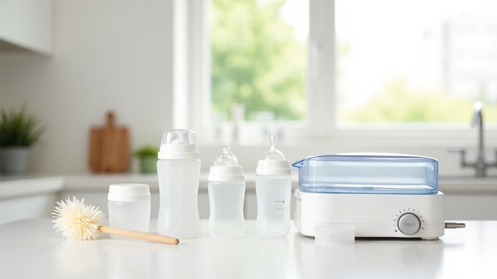 Assortment of baby bottles, formula, bottle warmer, and other feeding supplies on a kitchen counter. Bright, inviting lighting with colorful accents.