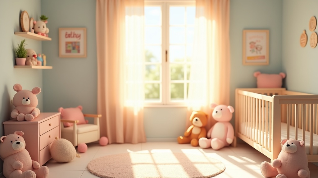 Colorful nursery room with beautiful natural light, soft toys, baby furniture, and gentle homey surroundings